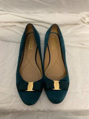 Salvatore Ferragamo Teal Suede Vara Bow Ballet Flats